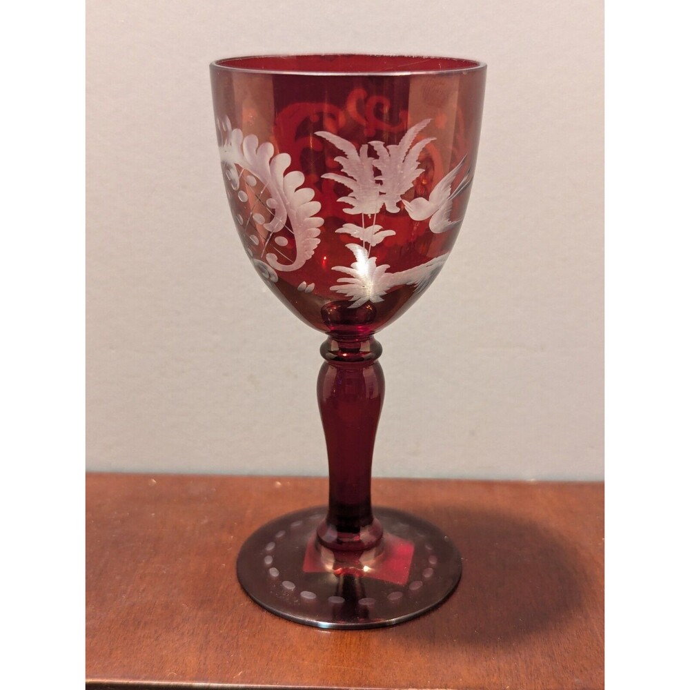 19th Century Bohemian Cordial Ruby Flashed Etched 5"